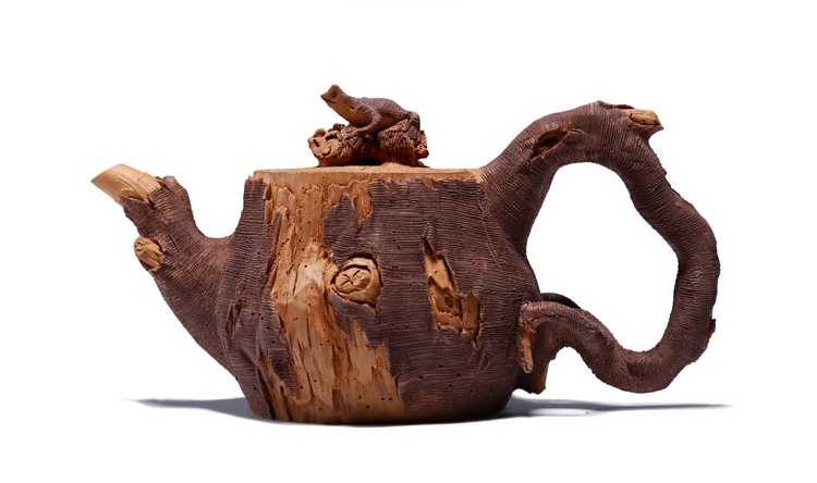 仿木外皮紫砂壺，創(chuàng)意木樁手工雕刻紫砂壺